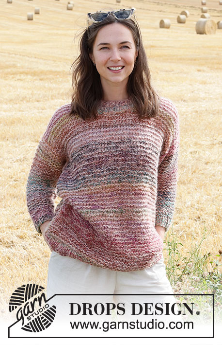 Painted Rose / DROPS 223-14 - Knitted jumper in DROPS Alpaca, DROPS Delight and DROPS Brushed Alpaca Silk.  The piece is worked with garter stitch and stripes. Sizes S - XXXL.