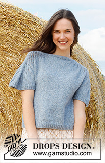 Sapphire Trails Top / DROPS 223-21 - Knitted sweater in DROPS Sky. The piece is worked top down with lace pattern and short sleeves. Sizes S - XXXL.