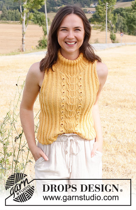 Sunshine Road / DROPS 223-25 - Knitted top in DROPS Muskat with cables, rib and double neck. Sizes XS - XXXL.