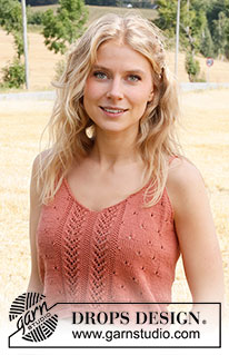 Heart on Fire / DROPS 223-27 - Knitted top in DROPS Safran. Piece is knitted with lace pattern and V-neck. Size: XS - XXL.
