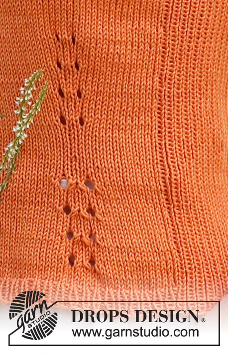 Orange Zest / DROPS 223-33 - Top na drutach z włóczki DROPS Safran, dżersejem, z brzegami ściągaczem i niewielkimi ażurowymi fragmentami. Od S do XXXL.