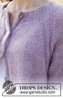 Lavender Pocket / DROPS 223-36 - Casaco tricotado de cima para baixo com cavas raglan em canelado e mangas ¾, em DROPS Air. Do S ao XXXL.