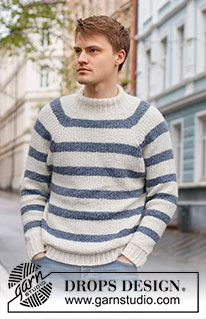 Sjøbris / DROPS 224-1 - Knitted jumper for men in DROPS Sky. The piece is worked top down with raglan, stripes and textured pattern. Sizes S - XXXL.
