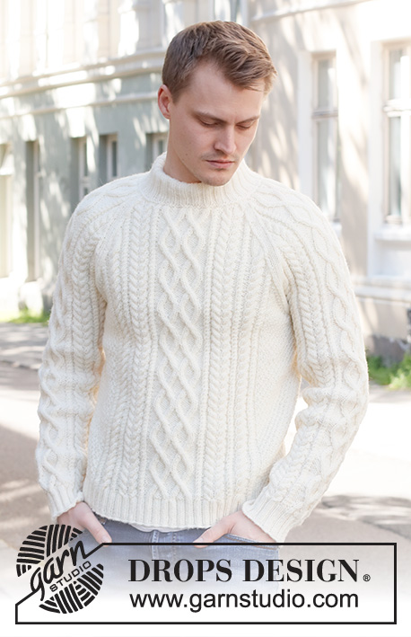 Ice Island / DROPS 224-10 - Knitted jumper for men in DROPS Karisma. The piece is worked with raglan, cables and double neck. Sizes S - XXXL.