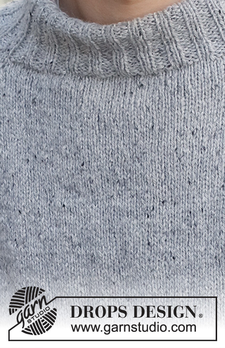 Rain Sky / DROPS 224-11 - Pull tricoté de haut en bas pour homme en DROPS Soft Tweed, avec emmanchures raglan et col doublé. Du S au XXXL.
