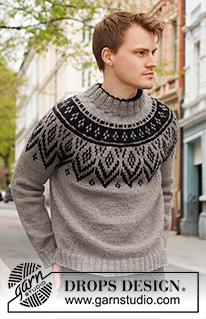 Nordic Nights / DROPS 224-14 - Knitted jumper for men in DROPS Alaska. The piece is worked top down, with double neck, round yoke and Nordic pattern on the yoke. Sizes S - XXXL.