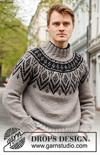 Nordic Nights / DROPS 224-14 - Knitted jumper for men in DROPS Alaska. The piece is worked top down, with double neck, round yoke and Nordic pattern on the yoke. Sizes S - XXXL.
