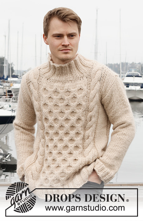 Winter Hive / DROPS 224-15 - Knitted jumper for men in DROPS Wish. The piece is worked with cables, honeycomb  pattern and high neck. Sizes S - XXXL.