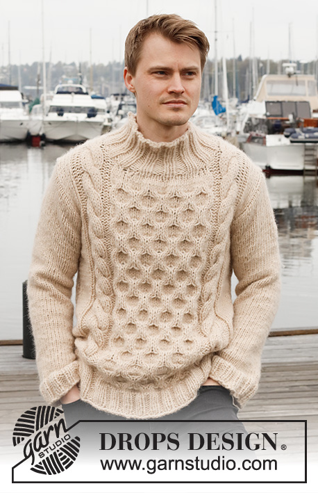 Winter Hive / DROPS 224-15 - Knitted jumper for men in DROPS Wish. The piece is worked with cables, honeycomb  pattern and high neck. Sizes S - XXXL.