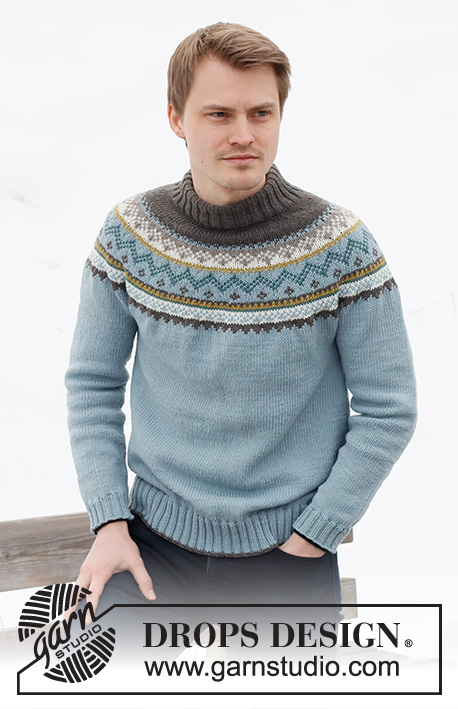 Edge of the Woods / DROPS 224-20 - Knitted sweater for men in DROPS Merino Extra Fine. The piece is worked top down with double neck, round yoke and Nordic pattern. Sizes S - XXXL.