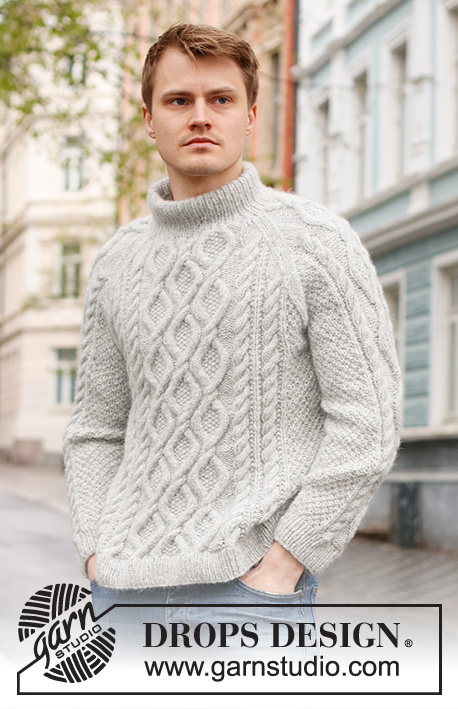 Stone Cables / DROPS 224-4 - Męski sweter na drutach, z włóczki DROPS Air, z reglanowymi pokrojami rękawów, warkoczami i podwójnym wykończeniem dekoltu. Od S do XXXL.