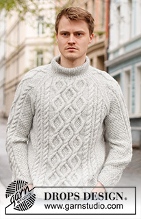 Stone Cables / DROPS 224-4 - Knitted jumper for men in DROPS Air. The piece is worked with raglan, cables and double neck. Sizes S - XXXL.