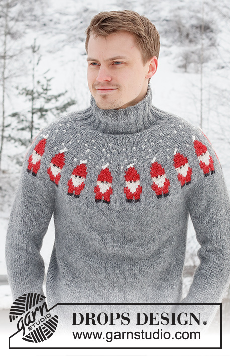 Merry Santas / DROPS 224-5 - Męski sweter na drutach przerabiany od góry do dołu, z zaokrąglonym karczkiem i żakardem w Mikołaje, z włóczki DROPS Air. Od S do XXXL. Temat: Boże Narodzenie.