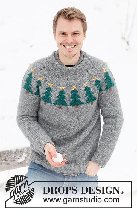 Merry Trees / DROPS 224-6 - Knitted Christmas jumper for men in DROPS Air. The piece is worked top down, with round yoke and Christmas tree pattern. Sizes S - XXXL. Theme: Christmas.