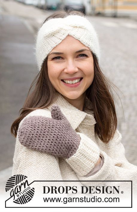 Frosted Chocolate / DROPS 225-19 - Crocheted head band and mittens in DROPS Alaska. SIZE S - L