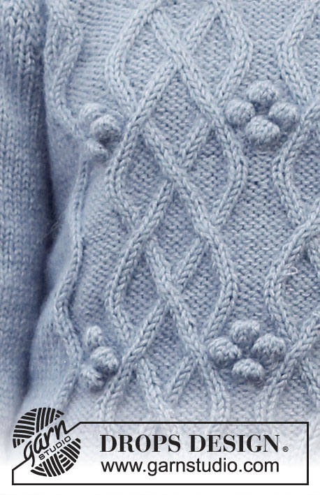 Frosted Fruit Sweater / DROPS 226-23 - Strikket genser i DROPS Lima og DROPS Kid-Silk. Arbeidet strikkes ovenfra og ned med fletter, bobler og dobbel halskant. Størrelse S - XXXL.