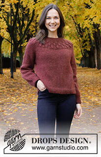 Blackforest Memories / DROPS 226-3 - Knitted sweater in 2 strands DROPS Kid-Silk or 1 strand DROPS Brushed Alpaca Silk. Piece is knitted top down with round yoke, raglan and leaf pattern on yoke. Size: S - XXXL