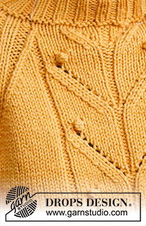 Golden Bud / DROPS 226-33 - Gebreide trui in DROPS Nepal. Het werk wordt gebreid met splitten in de zijkanten, bladpatroon, bobbels en raglan. Maat: S - XXXL