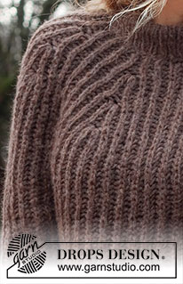 Chocolate Ridge / DROPS 226-5 - Sweter na drutach, przerabiany od góry do dołu, z zaokrąglonym karczkiem, ściegiem angielskim i podwójnym wykończeniem dekoltu, z włóczki DROPS Air. Od S do XXXL