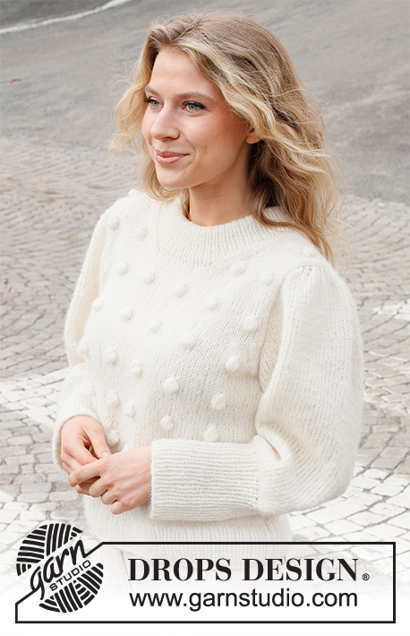 White Rabbit / DROPS 227-13 - Knitted jumper in DROPS Air. The piece is worked with bobbles, puffed sleeves and double neck. Sizes S - XXXL.