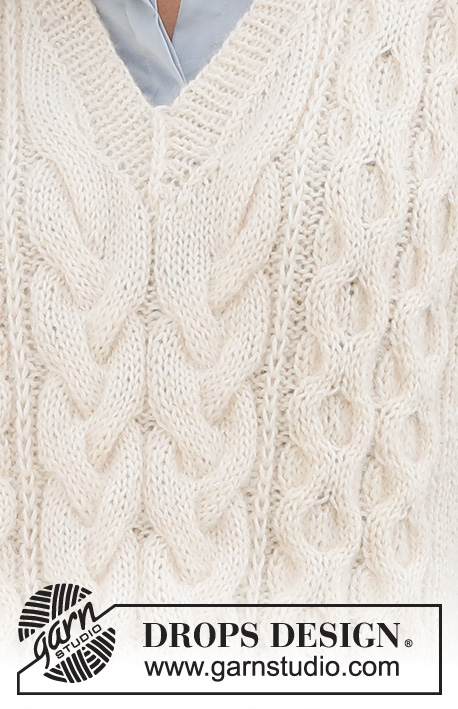 Icy Waves / DROPS 227-37 - Colete tricotado com torcidos, decote em V e fendas nos lados, em DROPS Puna e DROPS Kid-Silk. Do S ao XXXL