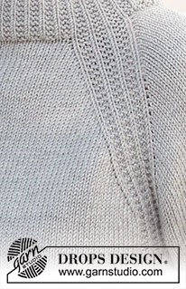 Misty Moon Sweater / DROPS 228-16 - Pull tricoté de haut en bas avec col doublé, raglan et bordure au point texturé, en DROPS Merino Extra Fine ou DROPS Puna. Du S au XXXL