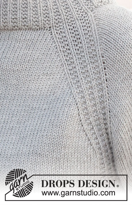 Misty Moon Sweater / DROPS 228-16 - Pulôver tricotado de cima para baixo com gola dobrada, raglan e orla em ponto texturado, em DROPS Merino Extra Fine ou DROPS Puna. Do S ao XXXL