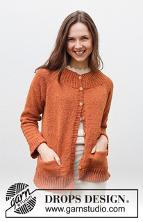 Warm Orange / DROPS 228-17 - Casaco tricotado de cima para baixo com cavas raglan, orlas em canelado, fendas nos lados e bolsos, em DROPS Soft Tweed. Do XS ao XXL.