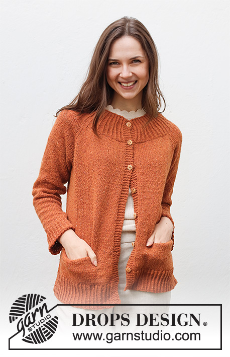 Warm Orange / DROPS 228-17 - Knitted jacket in DROPS Soft Tweed. The piece is worked top down with raglan, ribbed edges, split in the sides and pockets. Sizes XS - XXL.