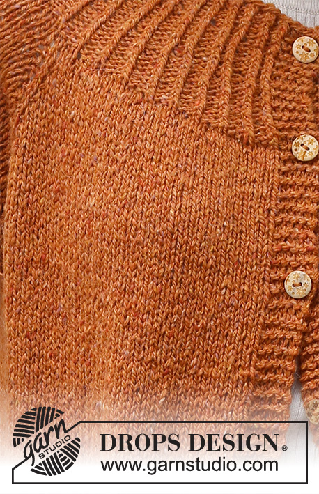 Warm Orange / DROPS 228-17 - Strikket jakke i DROPS Soft Tweed. Arbeidet strikkes ovenfra og ned med raglan, kanter i vrangbord, splitt i sidene og lommer. Størrelse XS - XXL.