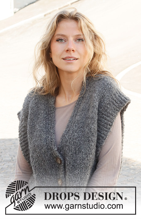 December Skies / DROPS 228-32 - Knitted vest in DROPS Alpaca Bouclé and DROPS Kid-Silk. The piece is worked with split, V-neck and ribbed edges. Sizes XS - XXL.