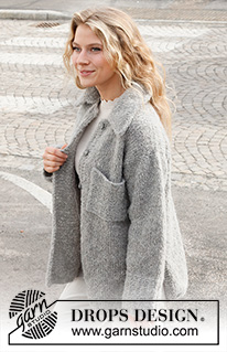 Campers Comfort / DROPS 228-39 - Knitted jacket in DROPS Alpaca Bouclé and DROPS Brushed Alpaca Silk. Piece is knitted with collar, pockets and vents in the sides. Size: S - XXXL