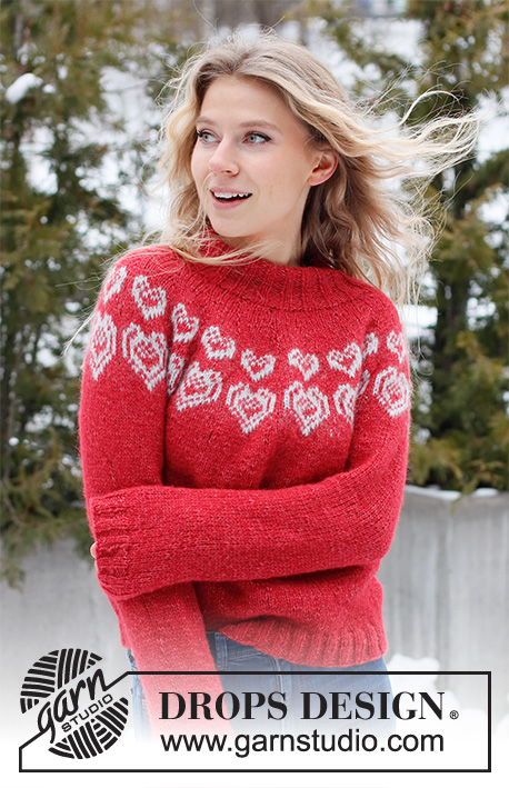 Merry Hearts / DROPS 228-50 - Sweter / świąteczny sweter na drutach przerabiany od góry do dołu, z zaokrąglonym karczkiem i żakardem w serca, z włóczki DROPS Air. Od XS do XXL. Temat: Boże Narodzenie.