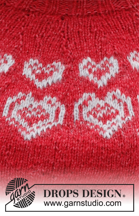 Merry Hearts / DROPS 228-50 - Sweter / świąteczny sweter na drutach przerabiany od góry do dołu, z zaokrąglonym karczkiem i żakardem w serca, z włóczki DROPS Air. Od XS do XXL. Temat: Boże Narodzenie.
