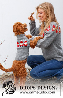 Merry Santas / DROPS 228-54 - Pull de Noël tricoté pour chien en DROPS Alaska, avec jacquard nordique Pères Noël. Du XS au M. Thème: Noël.