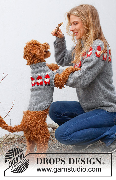 Merry Santas / DROPS 228-54 - Pull de Noël tricoté pour chien en DROPS Alaska, avec jacquard nordique Pères Noël. Du XS au M. Thème: Noël.