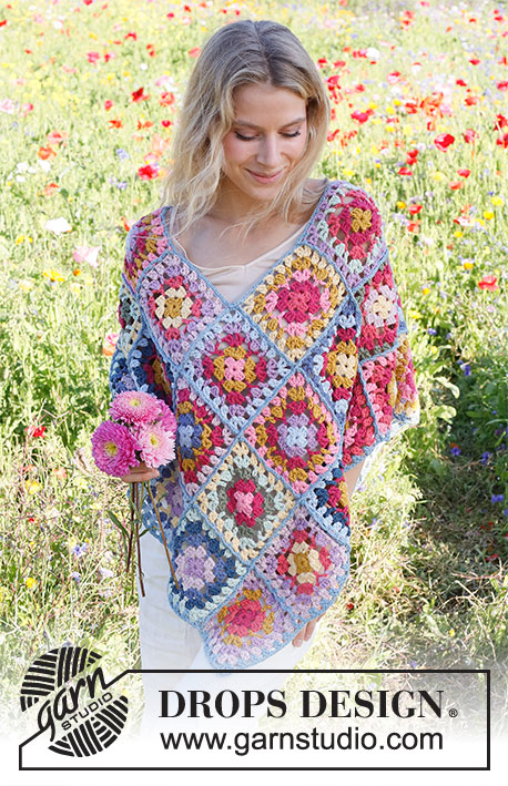 Bohemian Bliss / DROPS 229-17 - Crochet poncho with granny squares in DROPS Paris. Size: S - XXXL