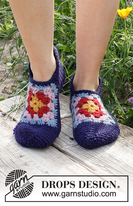 Garden Slippers / DROPS 229-18 - Crochet slippers with granny square in DROPS Nepal. Size 35-43 = 4 1/2- 12 1/2.