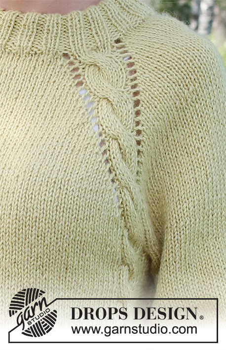 Nature Lyrics / DROPS 230-12 - Raglánový pulovr s copánky pletený shora dolů z dvojité příze DROPS Alpaca. Velikost S - XXXL.