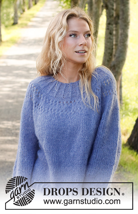 Round Lake / DROPS 230-14 - Knitted sweater in DROPS Brushed Alpaca Silk and DROPS Kid-Silk. The piece is worked top down with round yoke and lace pattern. Sizes S - XXXL.