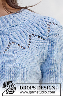 Echo Mountain Top / DROPS 230-19 - Knitted sweater in DROPS Paris. The piece is worked top down, with round yoke, lace pattern and short sleeves. Sizes S - XXXL.
