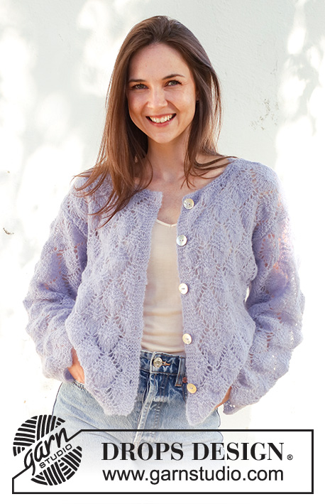 Lila Mist Cardigan / DROPS 230-23 - Knitted jacket in DROPS Brushed Alpaca Silk. The piece is worked bottom up with lace pattern. Sizes S - XXXL.