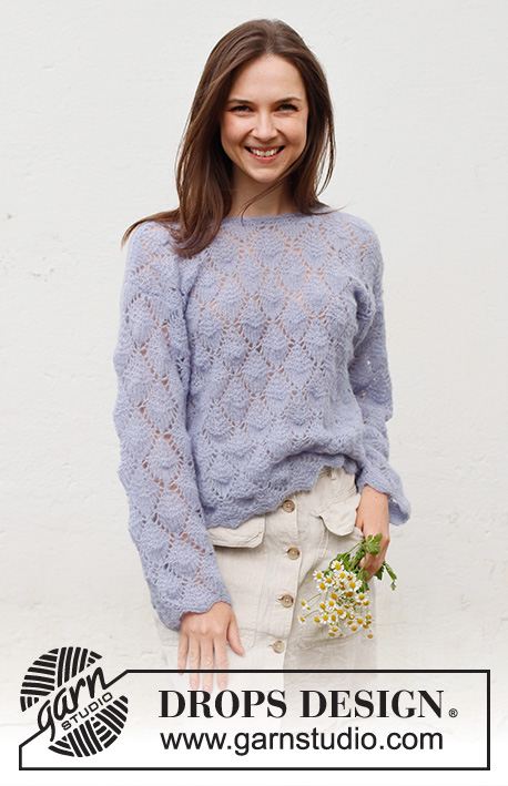 Lila Mist / DROPS 230-24 - Knitted jumper in DROPS Brushed Alpaca Silk. The piece is worked bottom up with lace pattern. Sizes S - XXXL.