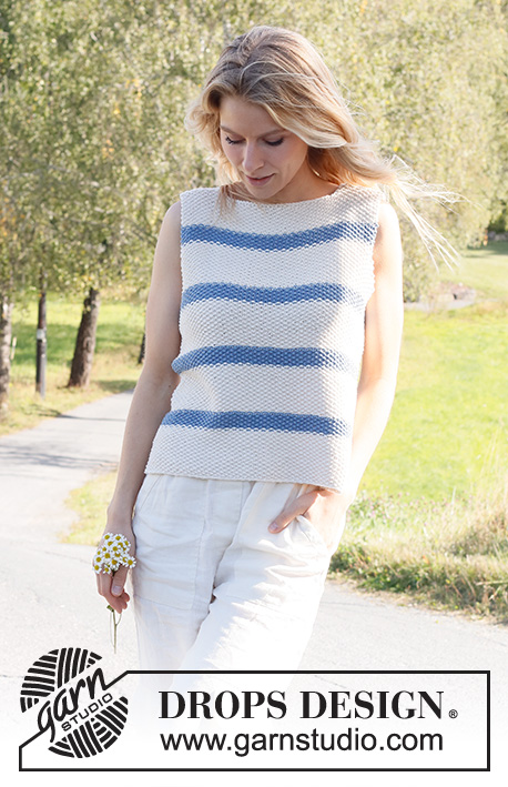 Sea Bird Top / DROPS 230-27 - Knitted top in DROPS Paris. Piece is knitted bottom up, with moss stitch and stripes. Size: S - XXXL
