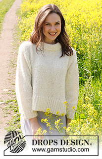 White Dandelion / DROPS 230-31 - Knitted jumper in DROPS Alpaca Bouclé and DROPS Kid-Silk. The piece is worked bottom up in stocking stitch and split in the sides. Sizes S - XXXL.