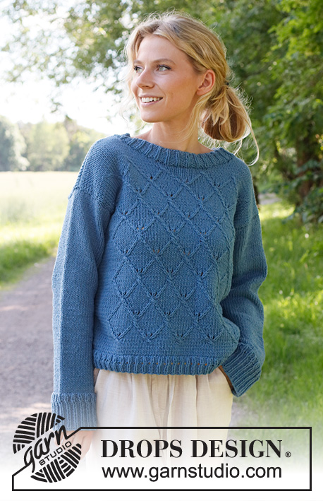 Blue Glass / DROPS 230-34 - Knitted jumper in DROPS Paris. The piece is worked bottom up, with relief-pattern. Sizes S - XXXL.