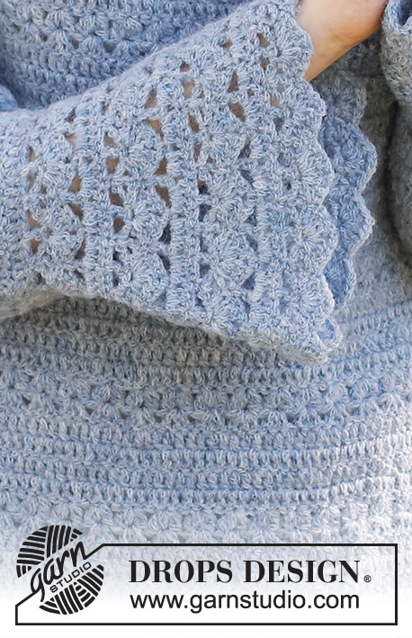 Spring Renaissance / DROPS 230-37 - Crocheted jumper in DROPS Sky. The piece is worked top down with round yoke, lace and fan pattern and trumpet sleeves. Sizes S - XXXL.