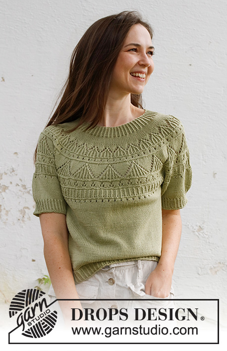 Treasure Hunt Top / DROPS 230-41 - Knitted short-sleeved sweater / T-shirt in DROPS Safran. The piece is worked bottom up with round yoke, lace-pattern and relief-pattern. Sizes S - XXXL.