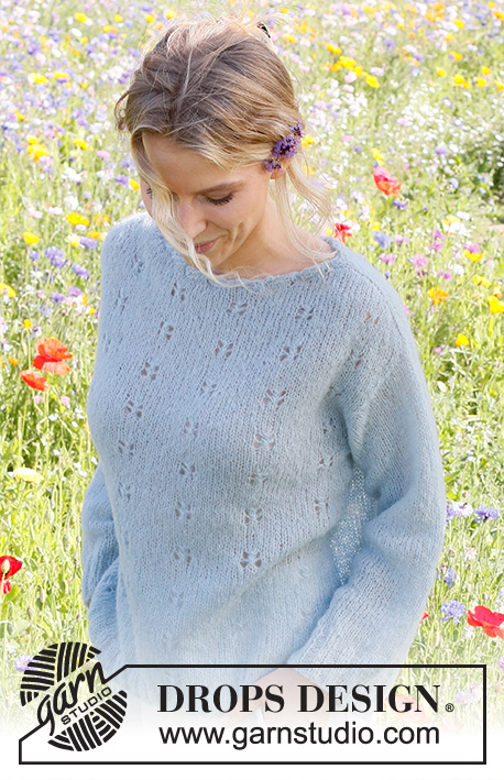 Blue Butterfly / DROPS 230-49 - Knitted jumper in DROPS Brushed Alpaca Silk. The piece is worked top down, with increases for shoulders, lace pattern and decorative neck-line. Sizes S - XXXL.