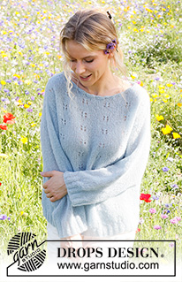 Blue Butterfly / DROPS 230-49 - Knitted jumper in DROPS Brushed Alpaca Silk. The piece is worked top down, with increases for shoulders, lace pattern and decorative neck-line. Sizes S - XXXL.